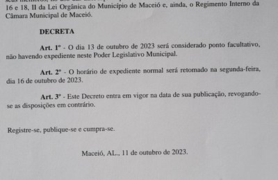 Câmara de Maceió decreta ponto facultativo na sexta-feira 13
