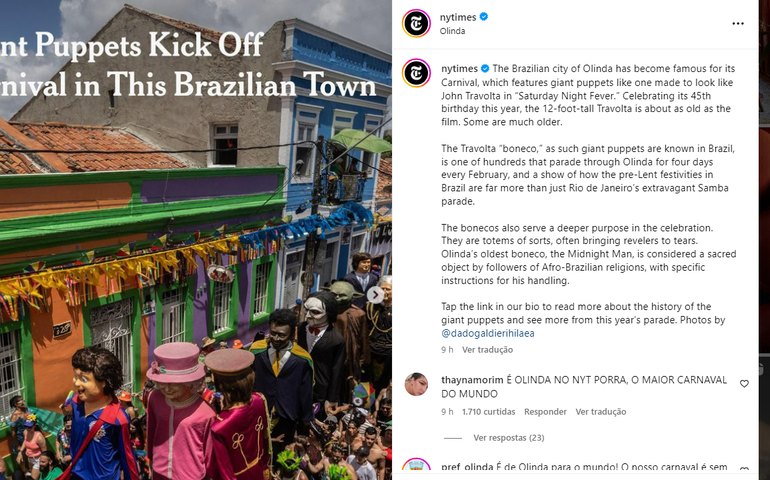 Olinda ganha destaque no jornal americano por causa dos bonecos gigantes