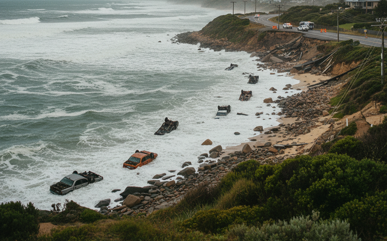 Tempestade severa arrasta carros para o mar na Austrália