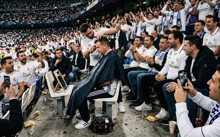 Corte de cabelo no estádio? Torcedor do Real Madrid transforma Bernabéu em barbearia e viraliza na internet