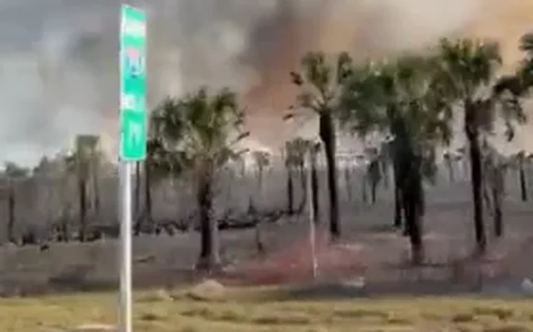 Incêndio nacional é visto queimando ao longo do Alligator Alley, na Flórida.