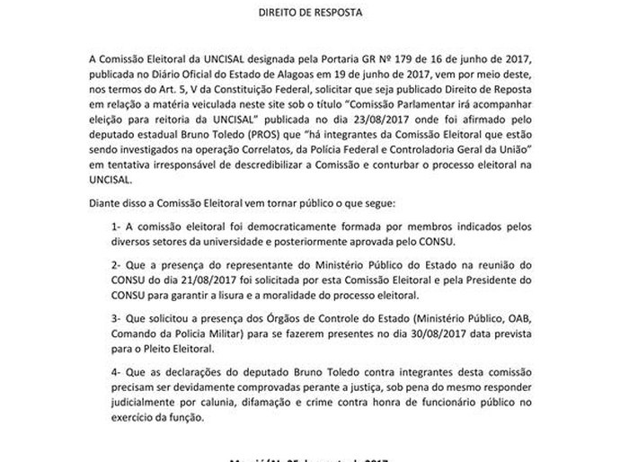 Comissão eleitoral da Uncisal repudia declaçõres do deputado Bruno Toledo