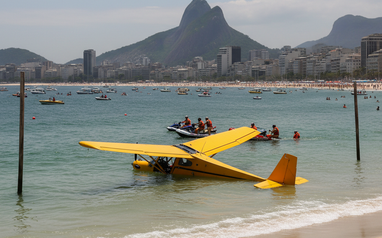 Ultraleve que fazia propaganda cai no mar em Copacabana
