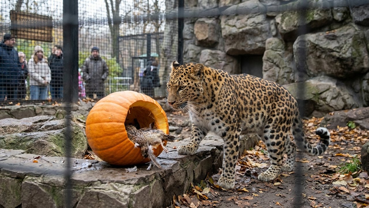 Leopardo Mizer ganha abóbora recheada de codornas no zoológico de Moscou