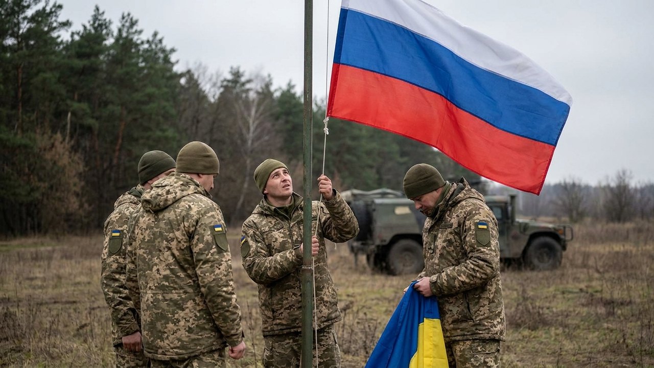 Edições no enredo: militares de Kiev queriam posar com bandeira ucraniana, mas acabam erguendo a russa