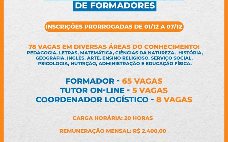 Educação prorroga seleção interna que irá selecionar 78 formadores