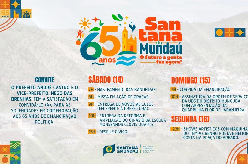 Prefeitura de Santana do Mundaú anuncia programação em comemoração aos 65 anos de emancipação