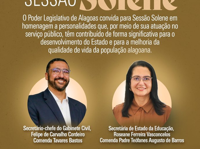 Assembleia reconhece contribuição de Felipe Cordeiro e Roseane Vasconcelos ao desenvolvimento de Alagoas
