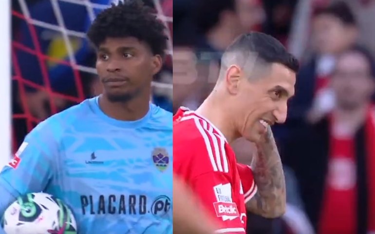 No Campeonato Português, ex-Flamengo Hugo Souza defende três pênaltis, um deles de Di María