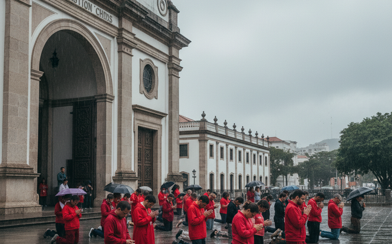 Chuva não cala a fé: fiéis se ajoelham na entrada da Basílica e celebram São Sebastião em manhã de devoção no Rio