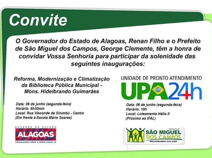UPA 24h e Biblioteca Municipal de São Miguel serão abertas segunda, 06