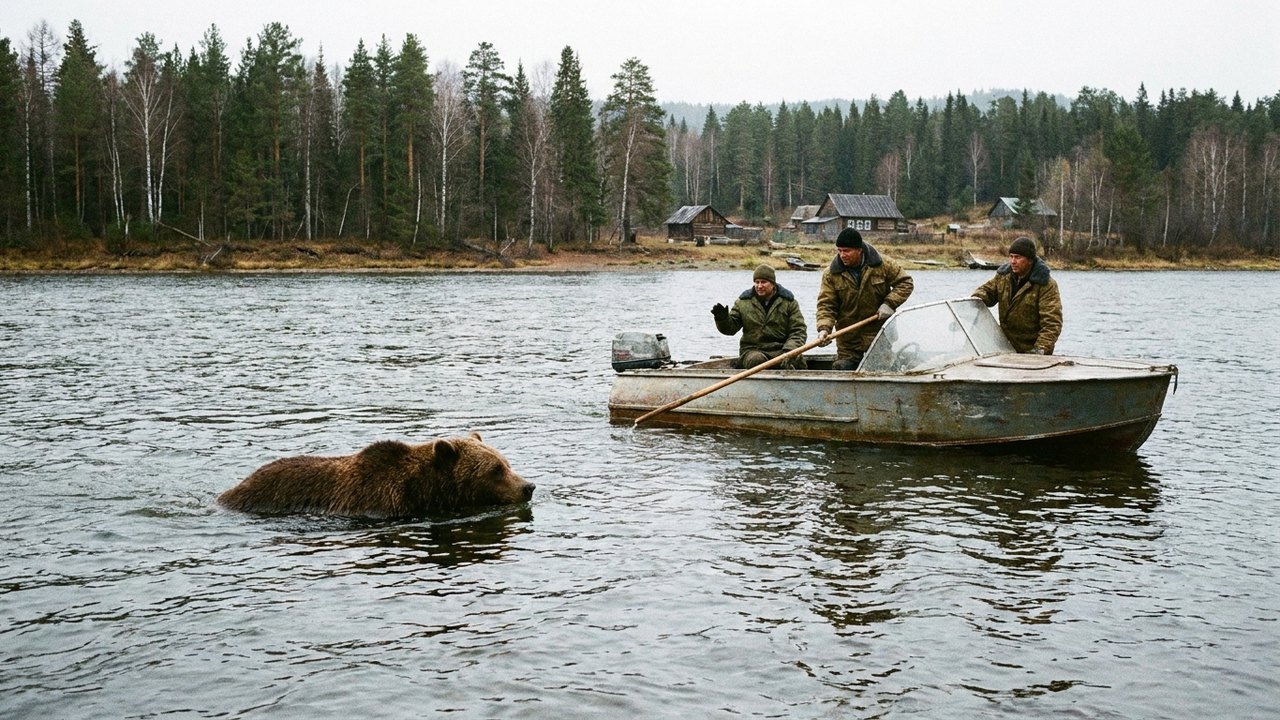 Urso tenta nadar para povoado, mas é expulso por moradores em barco na região russa de Krasnoyarsk