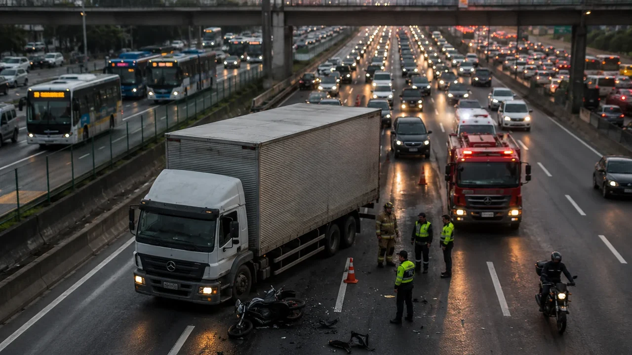 Acidente entre caminhão e motocicleta causa retenção na Avenida Brasil, altura de Bonsucesso