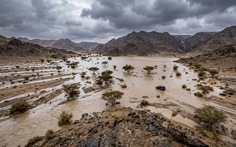 Chuvas intensas causam inundações e transformam paisagem árida na Arábia Saudita