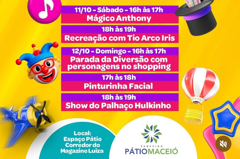 Pátio da Diversão anima fim de semana das crianças no Shopping Pátio Maceió
