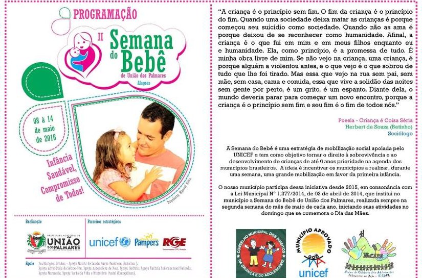 Segunda Semana do Bebê terá início domingo, dia 8, em União dos Palmares