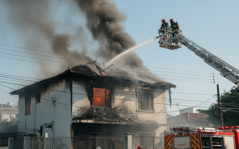 Incêndio atinge telhado de residência em Niterói; bombeiros atuam no local