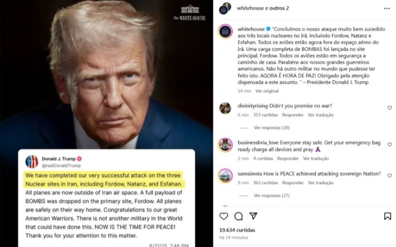 Trump anuncia ataque a instalações nucleares no Irã e declara: “Agora é hora de paz”