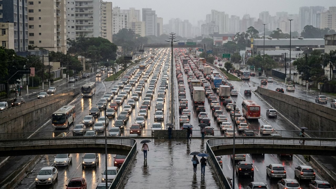 São Paulo registra 1.017 km de congestionamento após chuva e alagamentos; rodízio é suspenso