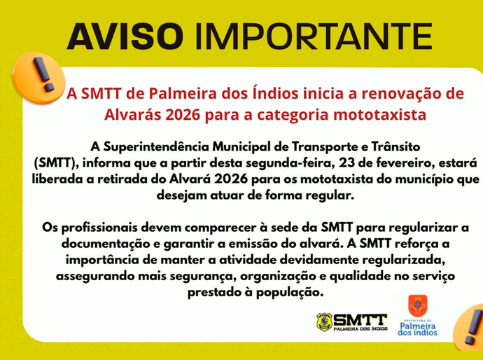 SMTT de Palmeira dos Índios inicia renovação de alvarás 2026 para mototaxistas