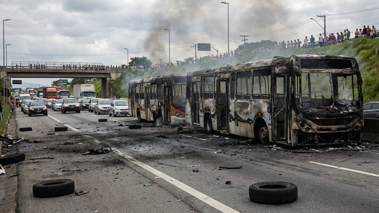 Dois ônibus são incendiados durante protesto na Rodovia Washington Luís, em Duque de Caxias