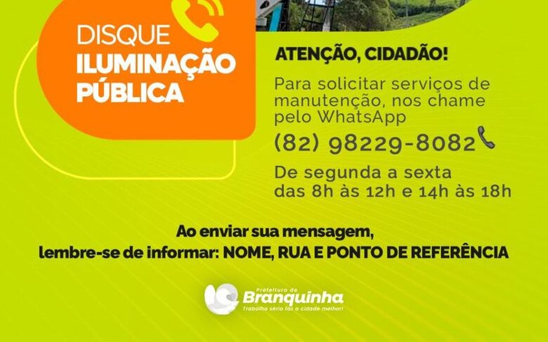 Disque Iluminação: Prefeitura de Branquinha lança canal de atendimento ao cidadão