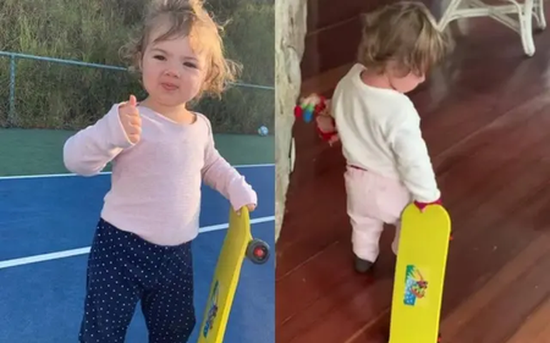 ‘Um caso de amor’, diz Rafa Vitti ao mostrar filha com o primeiro skate