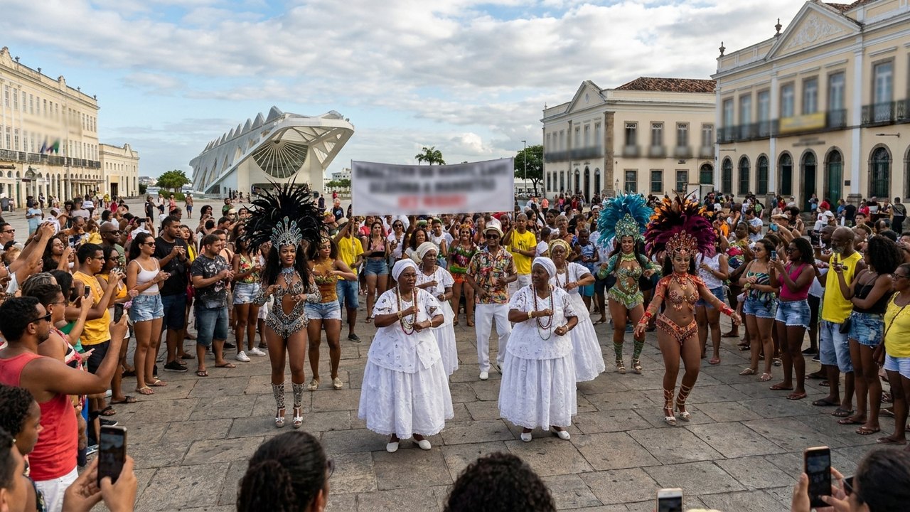 De rainhas de bateria a baianas: flash mob reúne as 12 escolas do Grupo Especial na Praça Mauá para anunciar sambas de 2027