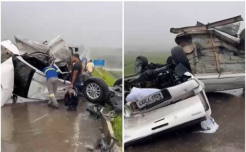 Motorista bate em trecho da BR-101 em Rio Largo, destrói carro e fica preso às ferragens