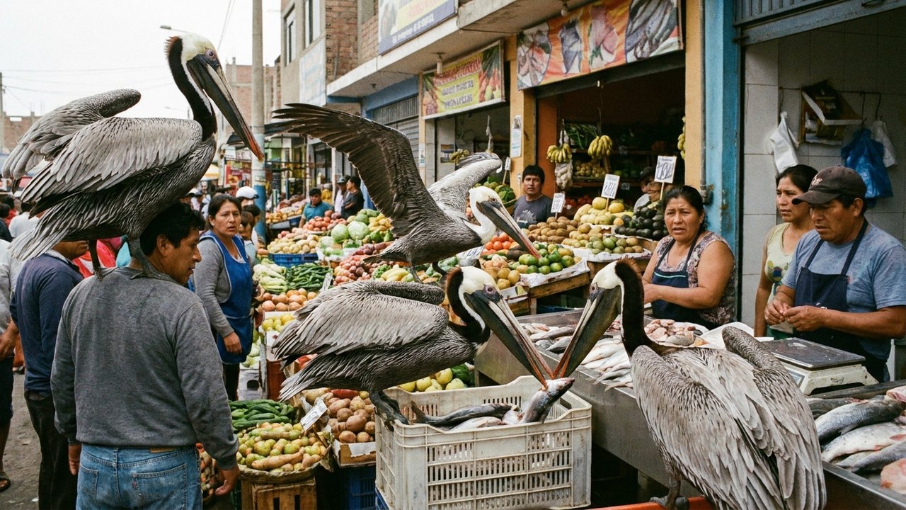 Centenas de pelicanos invadem cais e mercados no Peru em busca de alimento