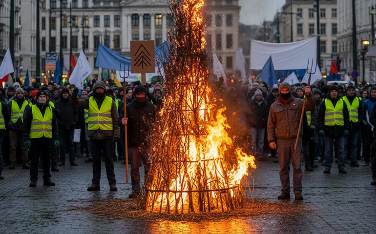 Agricultores incendeiam árvore de Natal durante manifestação em Bruxelas