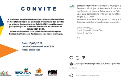  Prefeitura de Novo Lino promove 1º fórum comunitário do Selo Unicef 2021-2024 nesta quinta, 10   