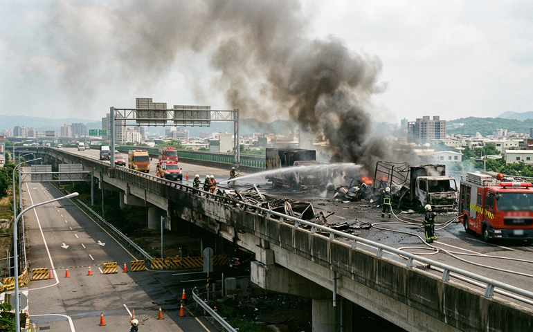 Incêndio de grandes proporções atinge rodovia nacional em Taichung, Taiwan