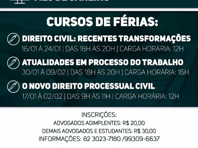 Confira a programação de cursos telepresenciais de janeiro na ESA/AL