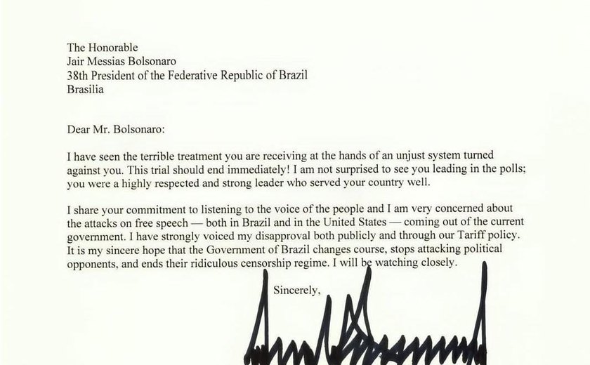 Trump envia carta a Bolsonaro, critica governo Lula e ameaça com tarifas: “Estarei observando de perto”