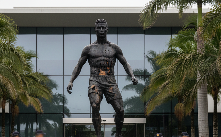 Estátua de Cristiano Ronaldo é incendiada na entrada de museu em Portugal; veja vídeo