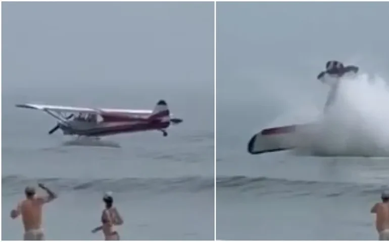 Avião de pequeno porte cai perto de banhistas em praia nos Estados Unidos