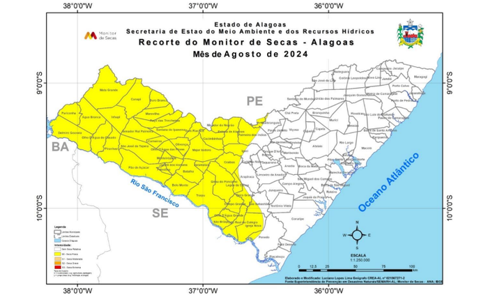 Mapa mostra situação da seca em Alagoas