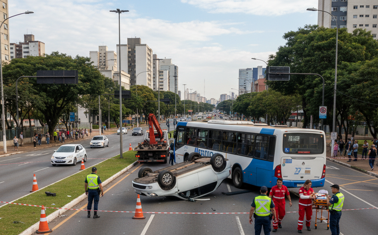 Colisão com ônibus faz carro capotar e interdita avenida em MG