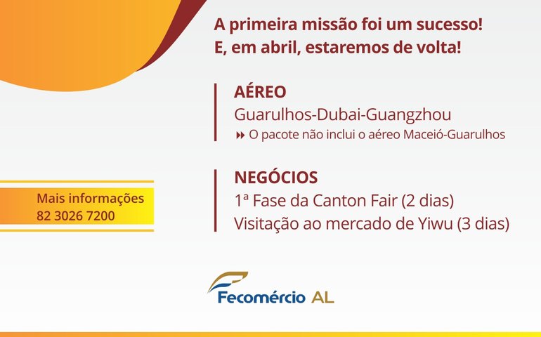 Em Missão Empresarial, Fecomércio levará empresários alagoanos à China