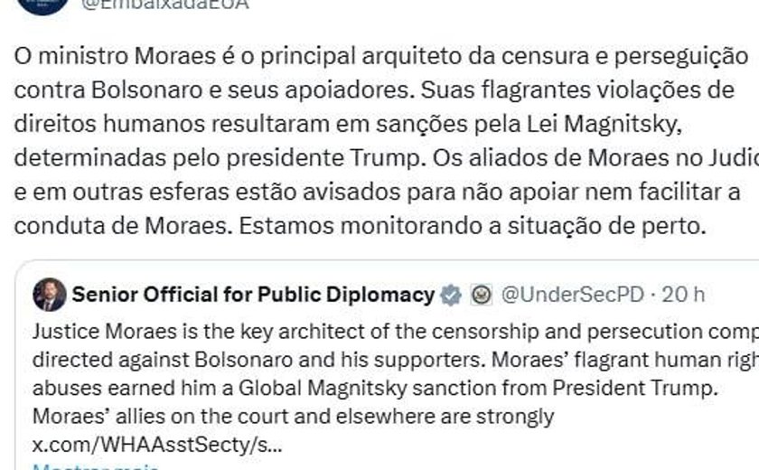 Embaixada dos EUA no Brasil dispara contra Moraes: 'Aliados estão avisados'