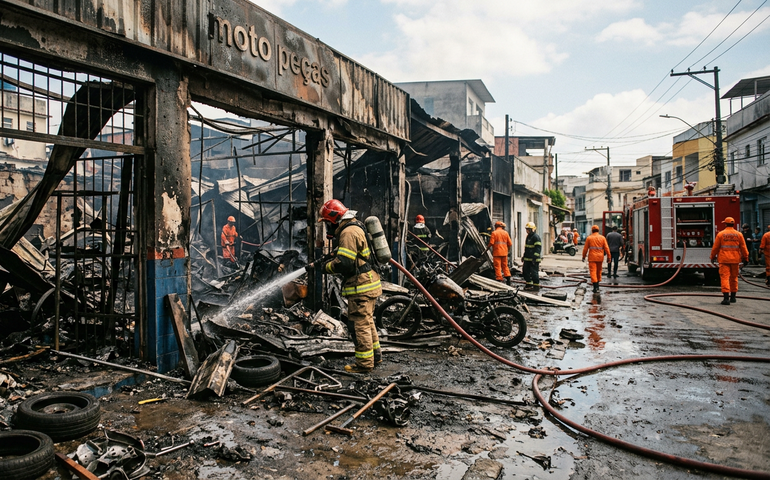 Bombeiros iniciam rescaldo após incêndio devastar loja de motopeças em Ramos