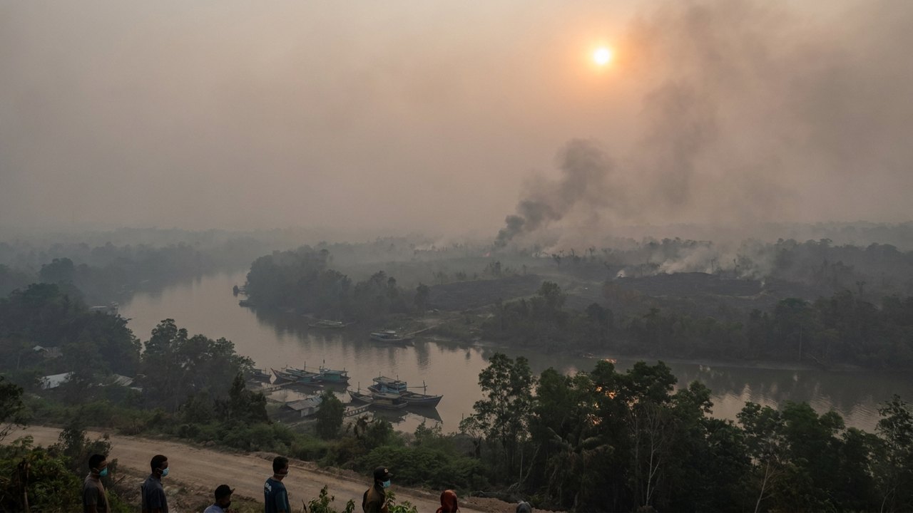 Fumaça densa de incêndios florestais continua cobrindo áreas da ilha de Bornéu, na Indonésia
