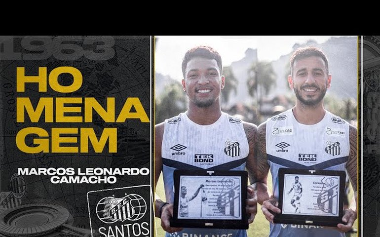 Marcos Leonardo e Camacho recebem homenagem no CT do Santos