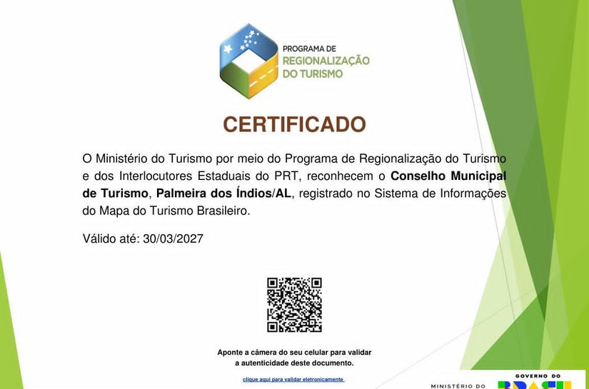 Palmeira conquista certificação do Ministério do Turismo e fortalece atuação regional no Agreste alagoano