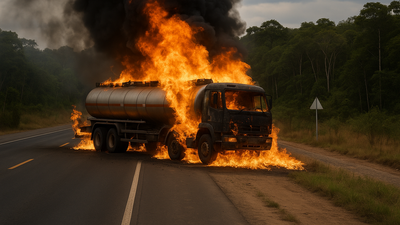 Caminhão-tanque pega fogo em rodovia próximo a reserva indígena