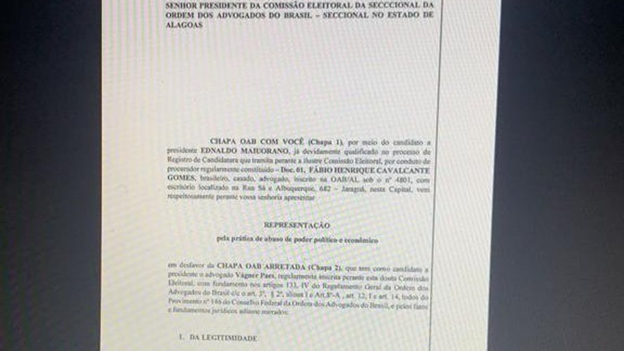 Eleições OAB-AL: chapa 1 representa Chapa 2 por abuso de poder político e econômico