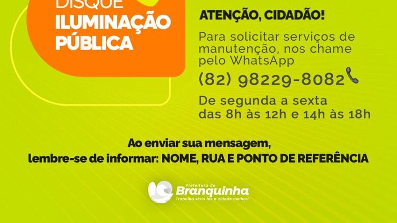 Disque Iluminação: Prefeitura de Branquinha lança canal de atendimento ao cidadão