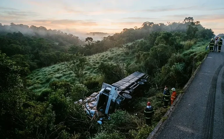 Caminhoneiro morre após perder o controle e cair em ribanceira na BR-101, em Rio Largo