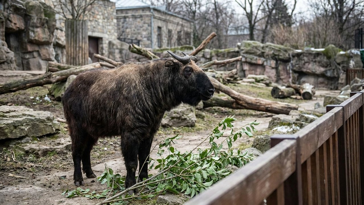 Takin aguarda petiscos no Zoológico de Moscou